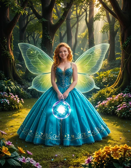 A graceful fairy woman sitting elegantly in front of an enchanted forest,3nch4nt3d f0r3st. She has delicate, shimmering translucent wings that catch the light, creating a soft iridescent glow. Her flowing dress is a pastel pink adorned with intricate floral patterns, appearing almost as if itâs made from petals. Her posture is relaxed yet regal, with one hand gently resting on her lap and the other lightly holding a small glowing orb. Her long, wavy hair cascades down her back in soft golden locks, with small flowers woven into it. Her expression is serene and slightly wistful, with a warm, gentle smile.
The enchanted forest behind her is mystical and vibrant, with towering ancient trees whose twisted branches are illuminated by bioluminescent plants. Soft golden and purple light filters through the dense foliage, giving the scene an otherworldly atmosphere. Tiny glowing fireflies float around her, adding to the magical ambiance. The ground is covered in lush moss and scattered with colorful, luminous mushrooms. The overall lighting is soft and dreamy, with a subtle pink and purple hue blending harmoniously with the fairyâs attire. This scene evokes a feeling of peace, wonder, and enchantment.<lora:SDXLFaeTastic2400:0.4> <lora:extremely_detailed:0.4> extremely detailed, <lora:3nch4nt3d_f0r3st:1>, Masterpiece,best quality,hi res,8k,hi res,8k,award winning,(sharp focus, intricate, highly detailed),