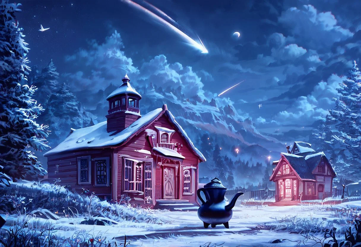 score_9,score_8_up,score_7_up, medieval village in background, night, STARY SKY, shooting star, comet, distant mountains in background, campfire in foreground, 1tent, kettle, ultra detail, environment only, realistic