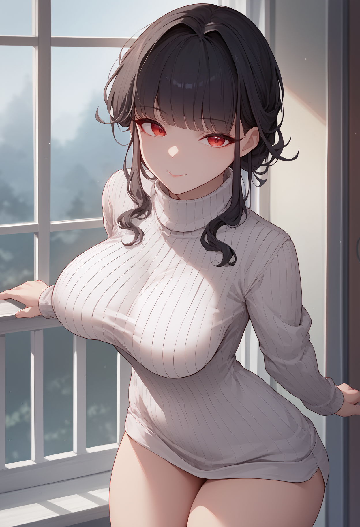score_9, score_8_up, score_7_up, source_anime BREAK 1girl, solo, <lora:sakura-nikke-richy-v1_pdxl:1>skrnnj, red eyes, black hair, bangs, white sweater, turtleneck sweater, ribbed sweater, breasts, smile, looking at viewer, thighs, standing