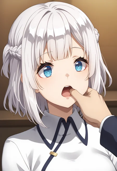 score 7 up, solo, source anime, 1girl, , <lora:IsekaiNonbiriNouka_HakurenXL:1> HakurenINN , white hair, medium hair, blue eyes, french braid, , <lora:_sdxl-fingercandy-pony:1> fingercandy,,