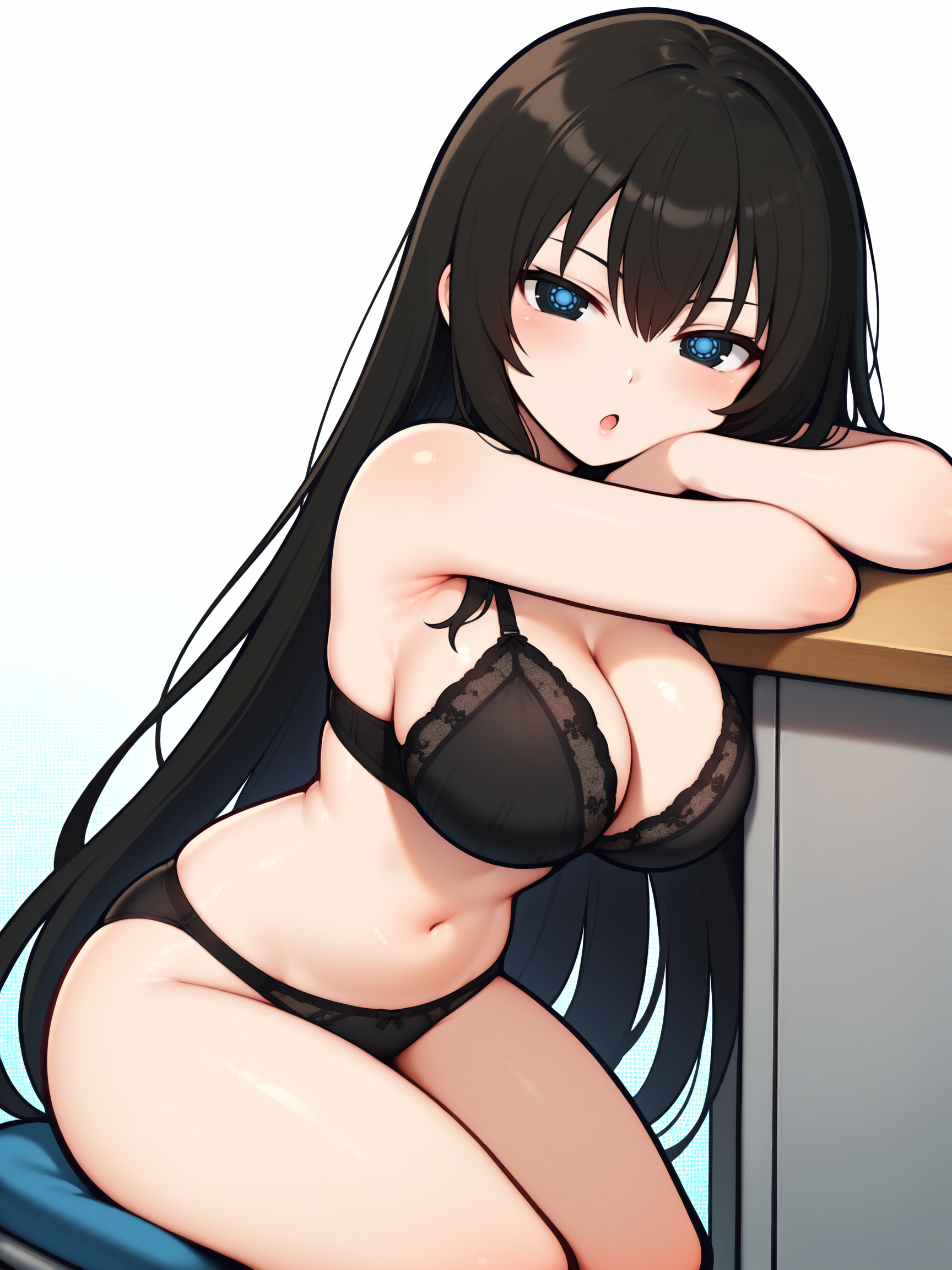 masterpiece, best quality, amazing quality, by asukaln
(solo:1.4), Kagura_IL, black hair, long hair, large eye iris, black eye iris, (blue pattern on iris:1.4), large breasts, Kagura_underwear, black underwear, black bra, black panties
female focus, head on arm, arm rest, sitting, looking at viewer, :o, desk, shadow, dutch angle
<lora:Mystyle_SDXL_LoCon_DORA_v2:1>
<lora:SK_Kagura_IL:0.8>