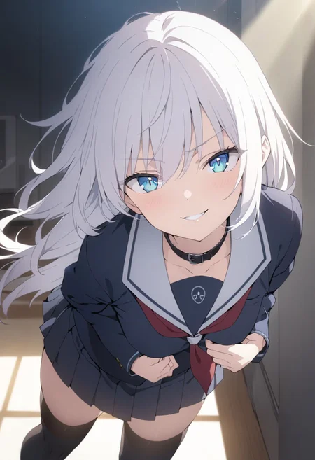 score_9, score_8_up, score_7_up, score_6_up, masterpiece, best quality, absurdres, cinematic, dynamic lighting, perfect composition, solo, 1girl, gojou satoru, blue eyes, white hair, long hair, medium breast, collar, school uniform, short skirt, thigh highs, smirk, standing, close up, looking at viewer,
