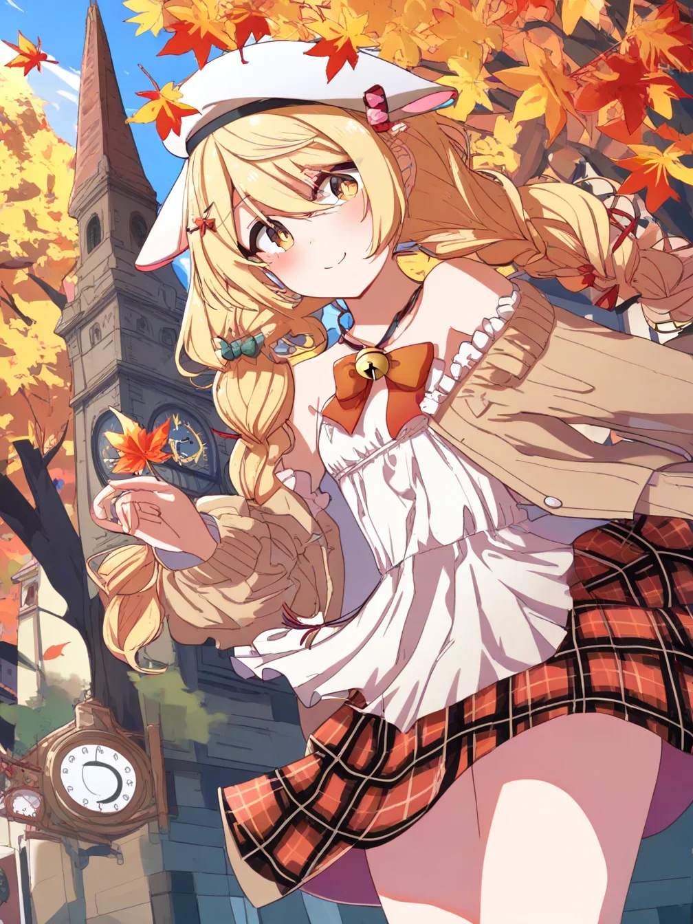 1girl,solo,animal ears,white headwear,long hair,holding leaf,braid,holding,hat,twin braids,beret,skirt,plaid,open clothes,off shoulder,bell,flat chest,white dress,jacket,brown eyes,red skirt,plaid skirt,frills,dress,long sleeves,hair ornament,closed mouth,ribbon,brown jacket,yellow eyes,blonde hair,bare shoulders,smile,blush,bow,hair between eyes,
cowboy shot,outdoors,looking at viewer,autumn leaves,day,clock,maple leaf,building,clock tower,autumn,leaf,tree,tower,
<lora:ag31-kagawayusaku_1-000032:1>,