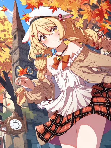 1girl,solo,animal ears,white headwear,long hair,holding leaf,braid,holding,hat,twin braids,beret,skirt,plaid,open clothes,off shoulder,bell,flat chest,white dress,jacket,brown eyes,red skirt,plaid skirt,frills,dress,long sleeves,hair ornament,closed mouth,ribbon,brown jacket,yellow eyes,blonde hair,bare shoulders,smile,blush,bow,hair between eyes,
cowboy shot,outdoors,looking at viewer,autumn leaves,day,clock,maple leaf,building,clock tower,autumn,leaf,tree,tower,
<lora:ag31-kagawayusaku_1-000032:1>,