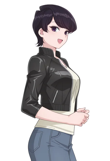 Smooth Quality,masterpiece,very intricate, high quality details, ultra realistic, high detailed skin,detailed enviorement,
simple background, white background,from side,:d,
 pleated skirt,,blouse, ,biker jacket,  , <lora:Komi_Shuuko_cnn:0.8> komishuukocnn, 1girl,black hair, short hair, bangs, purple eyes,mature female,shirt, jeans, short sleeves,