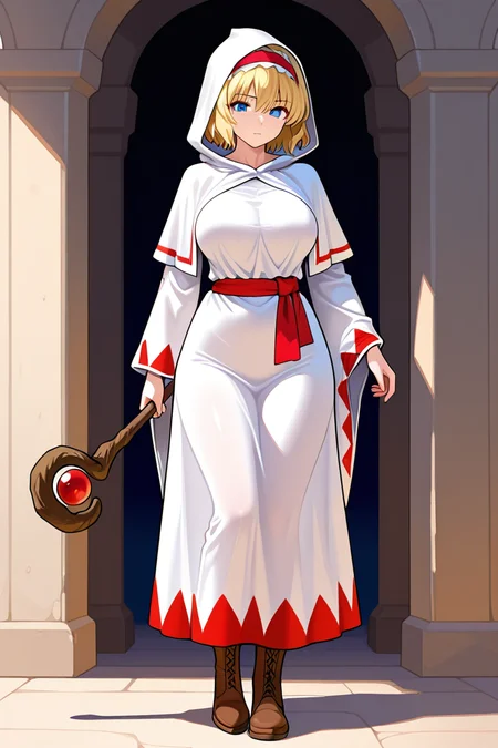 The Island of Dreams: A place where all your deepest desires come true,1girl,, masterpiece, best quality, amazing quality, newest, <lora:White_mage_Illustrious:1.2>,white mage_cos,white mage,hood,robe,long sleeves,boots,staff,holding staff,alice margatroid, 1girl, solo, blonde hair, blue eyes, short hair, breasts,
