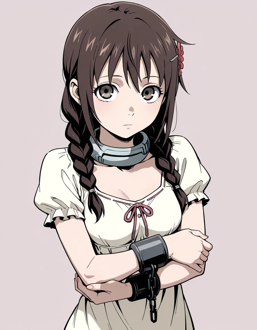 (masterpiece, best quality, ultra-detailed, high quality, highly detailed, highres),
1girl, solo, takami minatsuki, twin braids, brown hair, brown eyes, red flower hairpin, beige dress, cuffs, Deadman Wonderland Collar,
standing, looking at viewer,
simple background