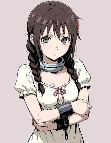 (masterpiece, best quality, ultra-detailed, high quality, highly detailed, highres),
1girl, solo, takami minatsuki, twin braids, brown hair, brown eyes, red flower hairpin, beige dress, cuffs, Deadman Wonderland Collar,
standing, looking at viewer,
simple background