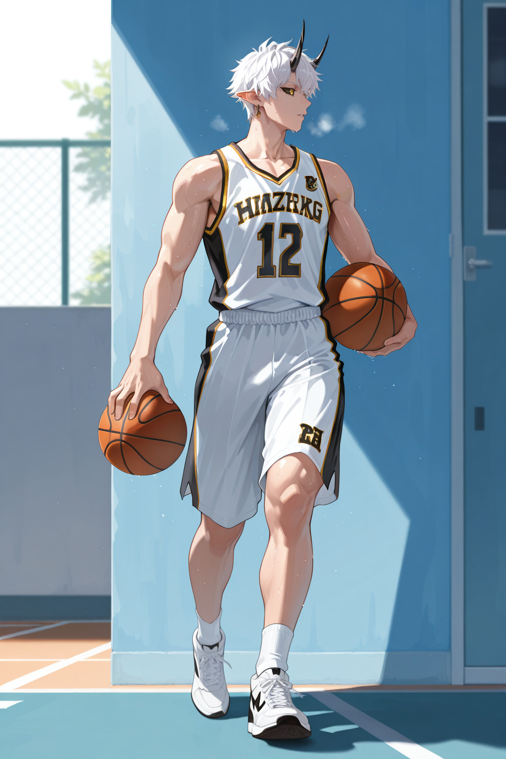 <lora:SP otakemaru-IL-000008:0.6>,sp otakemaru, white hair, horns, earrings, pointy ears,yellow eyes, black sclera,basketball uniform,sweat,heavy breathing,holding basketball,full body,white socks,basketball shoes,looking to the side,walking,summer,in campus, 1boy,solo,yaoi,bara,male focus,very awa,masterpiece,best quality,amazing quality,nsfw,uncersored,highres,best quality,amazing quality,best aesthetic,absurdres,