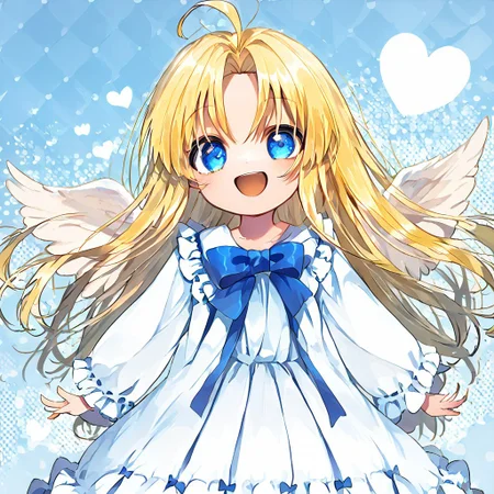 score_9, score_8_up, score_8, score_7_up, 
1girl, solo, AEFilo, blue eyes, blonde hair, ahoge, long hair, white wings, blue bowtie, white dress, frilled dress, frilled sleeves, long sleeves, barefoot, polka dots background, smile, open mouth, close shot, cute girl, looking at viewer,
cute, kawaii, hearts,