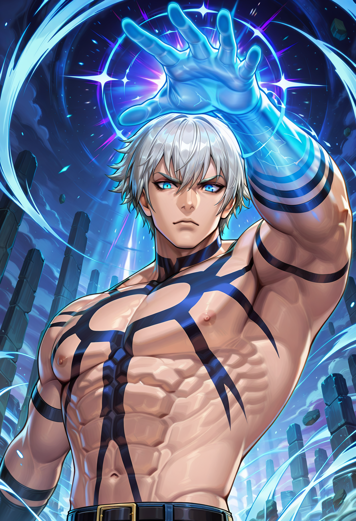 masterpiece, best quality, newest, absurdres, highres, very detailed,
muscular male, koforochi, orochi tattoo, topless male, solo,
jeans,
male nipples, collarbone, abs, manly,
foreshortening, outstreched hand, hand towards viewer, open hand, glowing hand, outstreched arm, looking at viewer, upper body, magic, strong wind,
glowing outline, magic, psychic,
blue eyes, glowing eyes,
<lora:[Char - IL] KOF - Orochi (v1-R1-E27):1.0>