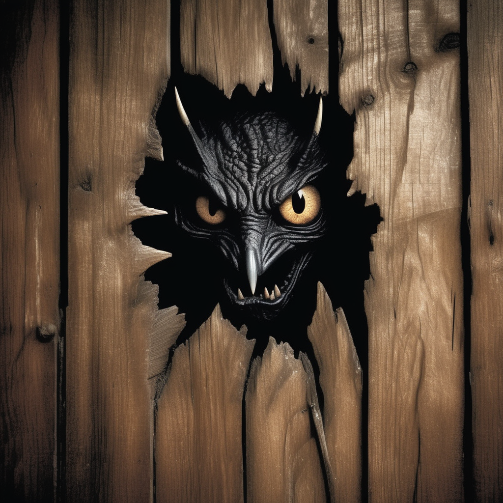 hole,A photorealistic image of a wooden wall that is cracked and weathered, showing signs of age and distress. Through the cracks in the wood, a pair of menacing eyes should be visible, glowing subtly in the dark background. The eyes should evoke a sense of dread and intensity, as if belonging to a predatory creature lurking in the shadows. The wooden wall should have realistic textures, with splinters and grain visible. The lighting should be dim, emphasizing the darkness behind the wall and making the eyes stand out as the focal point, <lora:hole2:0.6>