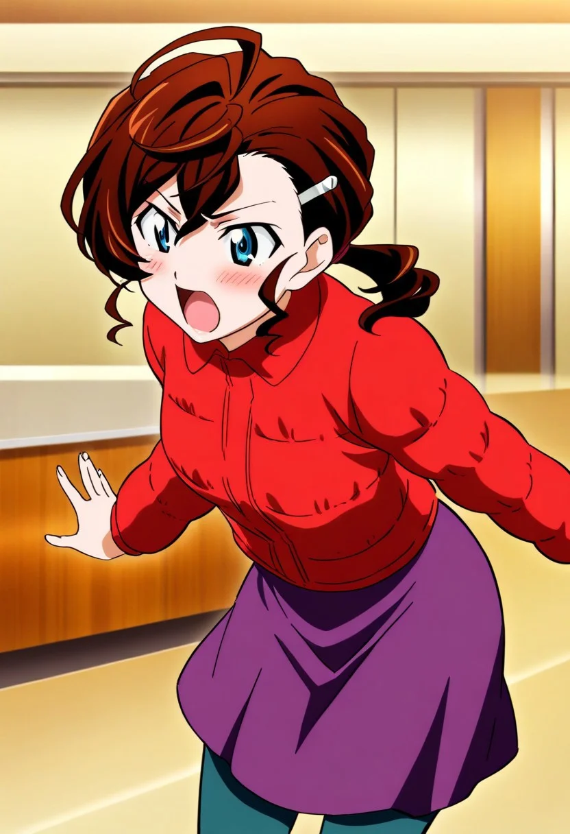 1girl,Inuyama Mana,GeGeGe no Kitarou,year 2019,solo,Reception,leaning forward,shouting,open hands,blue eyes,(lavenderblush skirt:1.5),1 hair tie,crimson (Down jacket:1.3),(Placket jacket:1.3),(single hair intake:1.5),wavy hair,swept bangs and (hair pulled back:1.2),hair between eyes,(low ponytail),Ahoge,(Brown:1.5) medium hair,sideburns,pantyhose,1 silver hairpin,masterpiece, best quality, very aesthetic, absurdres