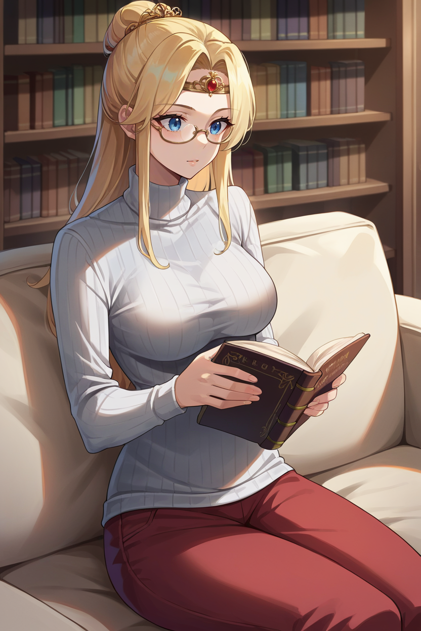 score_9, score_8_up, score_7_up, score_6_up, source_anime, BREAK 1girl, solo,  <lora:ff4rosa-pdxl-nvwls-v1-000005:1> ff4ros, blonde hair, blue eyes, circlet, grey sweater, turtleneck, glasses, medium breasts, red pants, sitting, couch, reading book, bookshelf