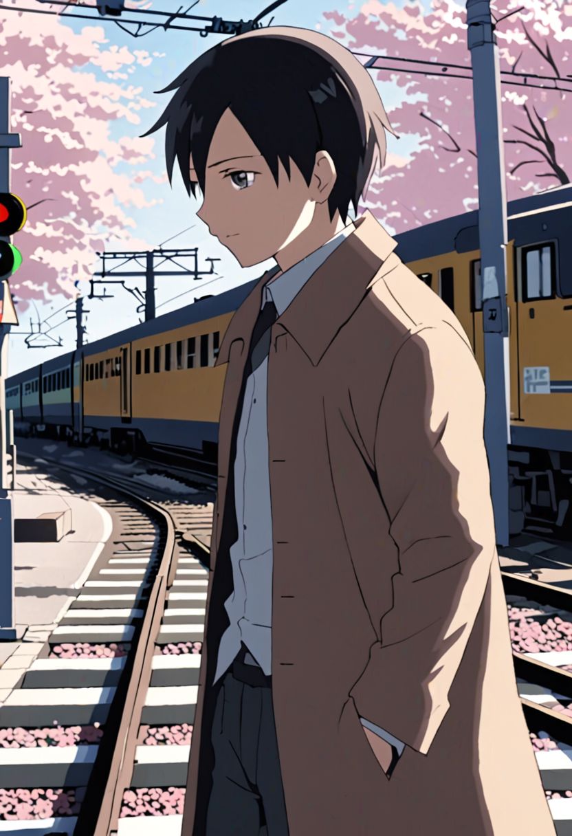 Highres, Masterpiece, High Quality, 4K, 8K, solo, 1Boy, Takaki Toono, adult, black hair, short hair, brown coat, trousers, passing train, railroad crossing, cherry blossoms, easynegative, detailed_eye_model