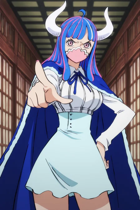 anime screencap, anime coloring, detailed face, masterpiece, best quality, very aesthetic, absurdres, volumetric lighting, amazing quality, ultra detailed,  highres, amazing quality, scenery, beautiful detailed hair, beautiful detailed eyes, perfect face,
 <lora:Ulti_One_Piece:1>
Ulti (character), 1girl, mouth mask, mask, pink hair, skirt, horns, multicolored hair, solo, pink eyes, cape, blue cape, blue hair, shirt, white shirt, blue skirt, ahoge, curled horns, looking at the viewer, cowboy shot, angry expression, pointing at the viewer, arm extended toward viewer, wide depth of field