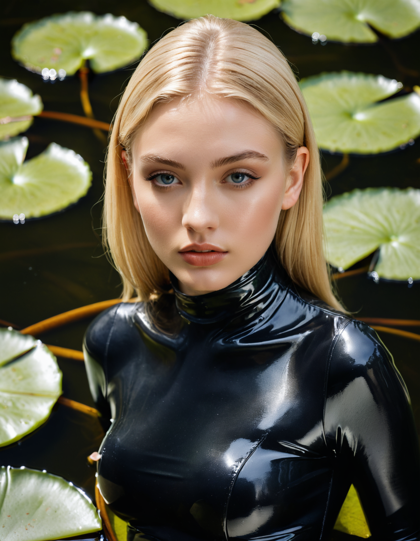 professional photograph of a 18 year old blonde model by august sander wearing vinyl catsuit, bold lines, hyper detailed, dark limited palette, warm natural lighting, cinematic, film grain, depth of field, (intricate details, masterpiece, best quality:1.4), Oversized Breasts , mesmerizing, dynamic, dramatic, sensual,  dynamic pose, ( top down view , face shot  , A serene lily pad-covered pond:1.4),
<lora:add-detail-xl:1> <lora:xl_more_art-full_v1:0.5>