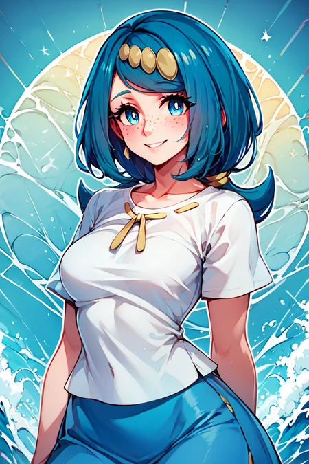score_9, score_8_up, score_8, medium breasts, (curvy), cute, eyelashes, rating safe, BREAK, zzLanasMother, blue hair, blue eyes, long hair, freckles, large breasts, hair ornament, white shirt, blue skirt, <lora:LanasMother_Pokemon_PDXL_Citron:0.8>, , BREAK, smile, looking at viewer, abstract wave background, white outline, embedding:zPDXL, Expressiveh, <lora:CatalystStylePDXL:0.6>, <lora:SDXLFaeTastic2400:0.5>, <lora:Expressive_H-000001:0.4>,