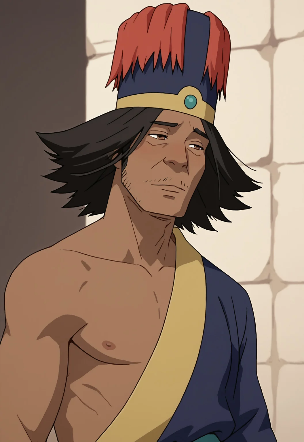 safe_pos, safe_pos, score_9, score_8_up, rating_nsfw, ultra hd, absurdres, best quality, best aesthetic, masculine, solo, 1boy, male focus, perfect proportions, erotic, mature male, coloured,
AvatarChong, flower lei, dark-skinned male, black hair, facial hair, hat, robes, WolfConF, Expressiveh