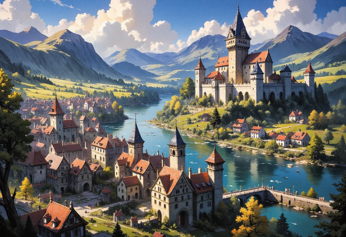 masterpiece, amazing quality, best quality, ultra-detailed, 8K, illustration, newest, absurdres, volumetric light, good quality, best quality, scenery, (dappled sunlight:1.2), rim light, backlit, dramatic shadow, ultra 8k cg, picture-perfect face, flawless, clean, professional artwork, cinematic lighting, cinematic bloom, hut background, early medieval background, humans on background, mw01out, painted world, Painterly, painting, no humans,
Fantasy medieval river valley scene inspired by Pays de la Loire, showcasing majestic castles and grand châteaux along wide, tranquil rivers similar to the Loire. Flourishing medieval towns with elegant architecture and vibrant marketplaces line the riverbanks, surrounded by expansive vineyards and gentle countryside. Knights, nobles, and merchants gather under banners featuring fleur-de-lys and regional heraldry. Rendered in the dynamic and expressive style of Guild Wars 2 concept art, featuring lush colors, dramatic lighting, painterly textures, and immersive, cinematic composition. High-quality digital illustration.