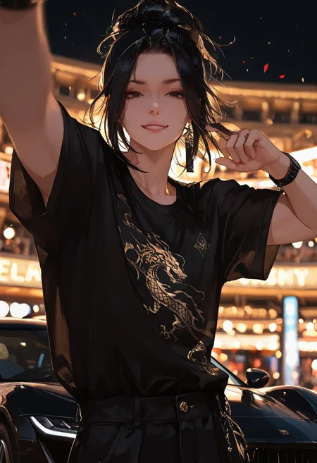 masterpiece, best quality, good quality, very aesthetic, absurdres,
newest, 8K, depth of field, focused subject,visual storytelling,dynamic composition,
close up, stylized, scenery, bokeh,blurred background,
Black Myth Wukong, male sun wukong,
chinese mythology,( dynamic pose:1.3), smirking face,
upper body focus,
casual clothes, wearing luxurious black jeans and luxurious black tied t-shirt with gothic design, expensive black watch
windblown hair,
mythic scale, sakura petals, mystic mist,
cinematic composition, backlighting, volumetric light, vegas city scene, symbolic environment, god-tier illustration,(sketch:1.3), taking a selfie in front of a black lamborghini aventador with spoiler and body kit (car is black, chrome carbon fiber details, chrome rims), night scene under the moon, in front of a luxury casino