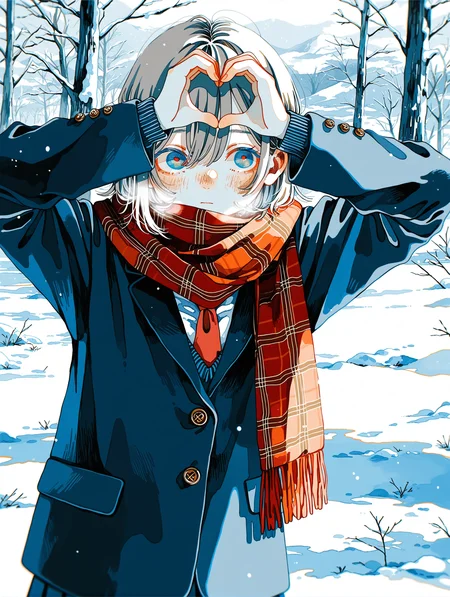1girl,   grey hair,  short hair,   hair between eyes,   tiny breasts, pale skin,   
BREAK 1girl,  heart hands, kuji-in, Head on chest,           
BREAK          winter uniform, school uniform, blazer, plaid scarf,  Snow, Winter, Icy Mountais, ravine, (winter clothes, thick clothes),        
BREAK (watanabe tomari:1.05), (fjsmu:0.7), (watari \(nijimukiokuiro\):0.85), 
,masterpiece,best quality,amazing quality,