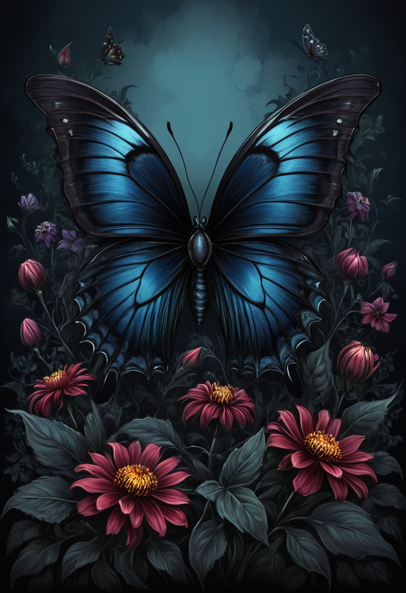 butterfly, flowers, dark colors, hand draw, gothic style, dark fanatsy art, digital painting, mobe-godeen <lora:GothicDetailEnhancerV1:0.5>,