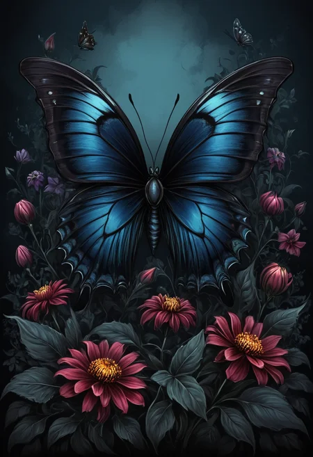 butterfly, flowers, dark colors, hand draw, gothic style, dark fanatsy art, digital painting, mobe-godeen <lora:GothicDetailEnhancerV1:0.5>,