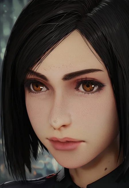 zPDXL3,zPDXLpg,
1girl,nayo_ffvii, short hair, bobcut, black hair, brown eyes, lips, nose,solo,face,head only,close-up,bokeh,dark background,looking at viewer,(portrait:1.5),close-up,
<lora:GTHAN:0.8>,gthan,gothic,