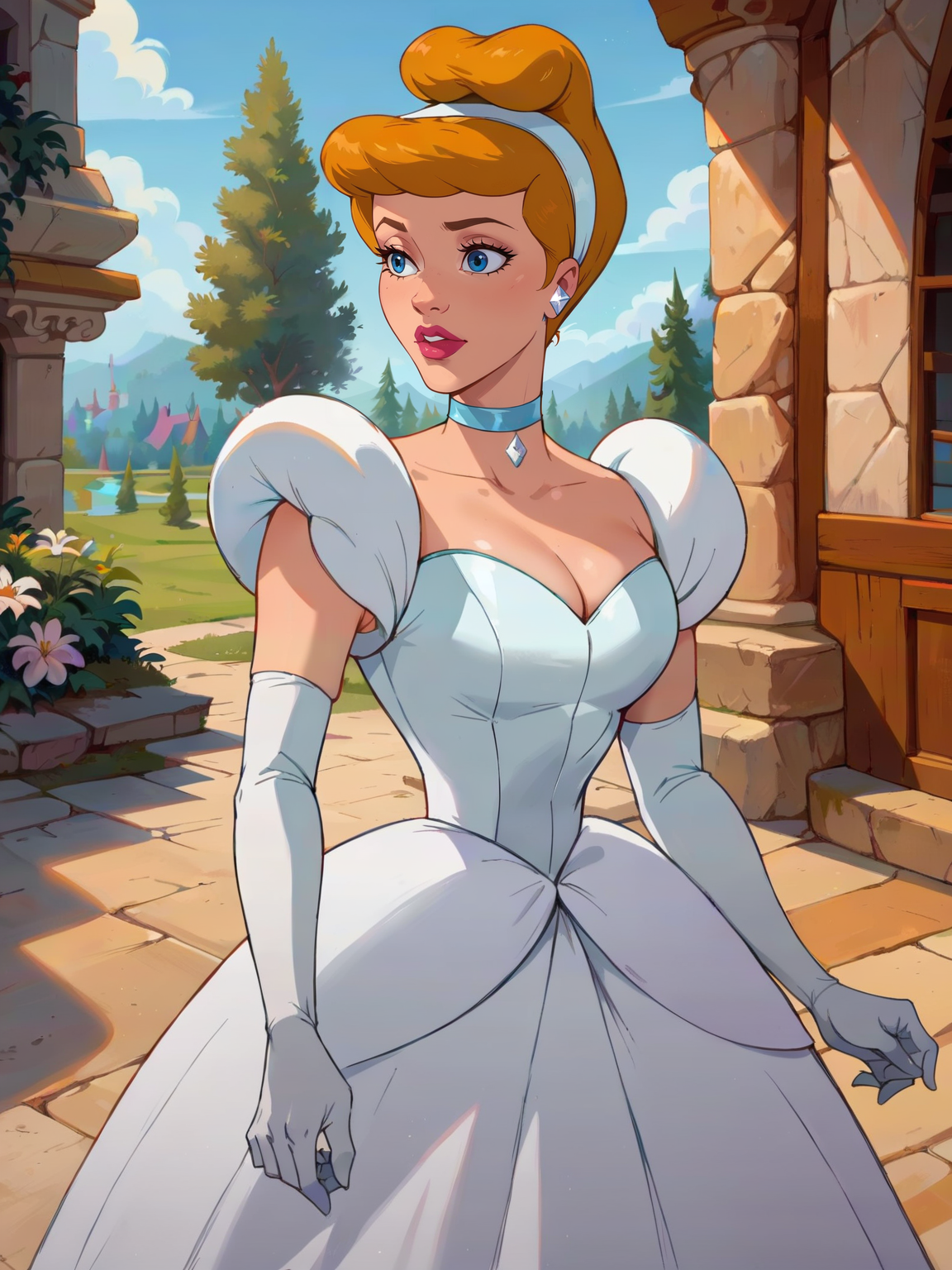 <lora:Sinderella:0.6> si_la, 1girl, fair skin, pink lips, blue eyes, golden blonde hair, bangs, French twist hair with band over, sleeveless white dress with low-cut neckline, armpit length opera gloves, white diamond earrings, choker around neck, <lora:mfcgXL:0.9> large breasts, thick thighs, score_9, score_8_up, score_7_up,