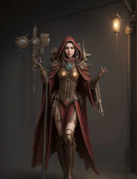 Ultra-realistic 8k CG, masterpiece, best quality, (very detailed face),masterpiece, best quality, 1girl, 20 years old, woman, colorful, (full body, wide shot), <lora:more_details:0.8> <lora:techpriest:0.8> mechanical arms, steampunk, hood, robe, techpriest, forgeworld, adeptus mechanicus,