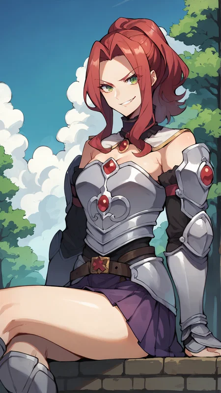 score_9,score_8_up,score_7_up,score_6_up, source_anime, zPDXL, <lora:xl_more_art-full_v1:0.5>, girl, dynamic pose, sitting, red hair, hair up, green eyes, iron armor, breastplate, detached sleeves, white capelet, purple skirt, leather belt, arm guards, <lora:Malty - Pony-000004:0.8>, forest, blue sky, clouds, smirk, evil smile,