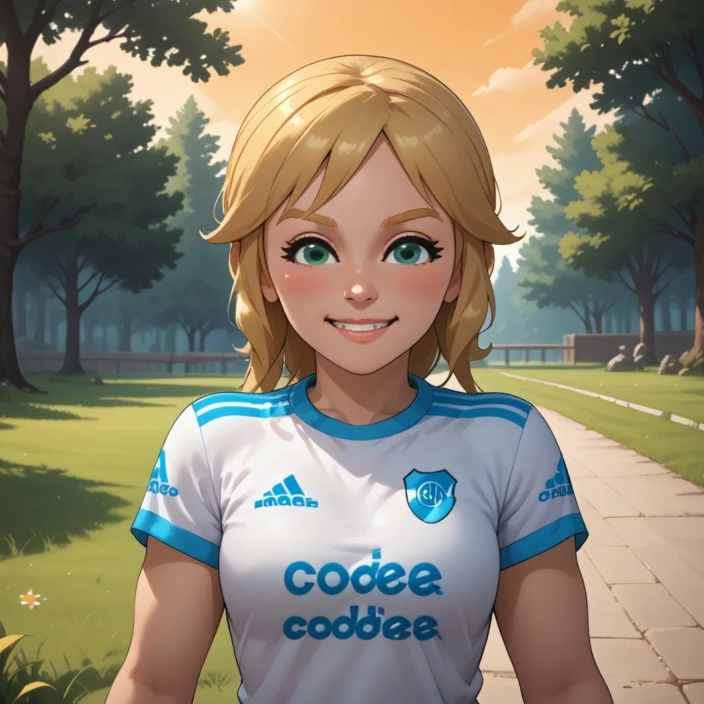 score_9, score_8, BREAK, solo, wii, mii, wii sports, 1girl, female mii, green eyes, blonde hair, blonde eyebrows, blush, RiverPlate, striped shirt, striped, shirt, white shirt, short sleeves, clothes writing, sportswear, soccer uniform, white pants, shoes, nintendo mii, modern_mii, classic_mii, breasts, olga_(wii_sports), cute, sexy pose, self portrait, smile, outdoors, sunlight, shadows, evening lighting, natural lighting, forest, trees, grass, orange sky, sunset