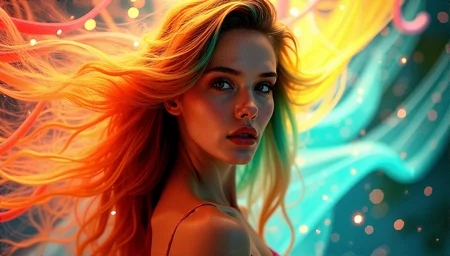 vintage style from 1930s,
Extreme realism in a complex, highly detailed composition featuring a woman with flowing rainbow-colored hair. The glowing background, with its vibrant colors, exaggerated details, intricate textures, and dynamic lighting, creates a whimsical, dreamy atmosphere in photorealistic quality.
Trails of light that weave through the scene, adding a playful and dynamic element.
Ribbons of light that float gently through the air, adding a delicate, ethereal touch.Background glows that are softly out of focus, adding depth and a dreamy quality.
The woman has a slight pout on her lips, her eyes looking away from the camera, giving a vintage, film-noir vibe.