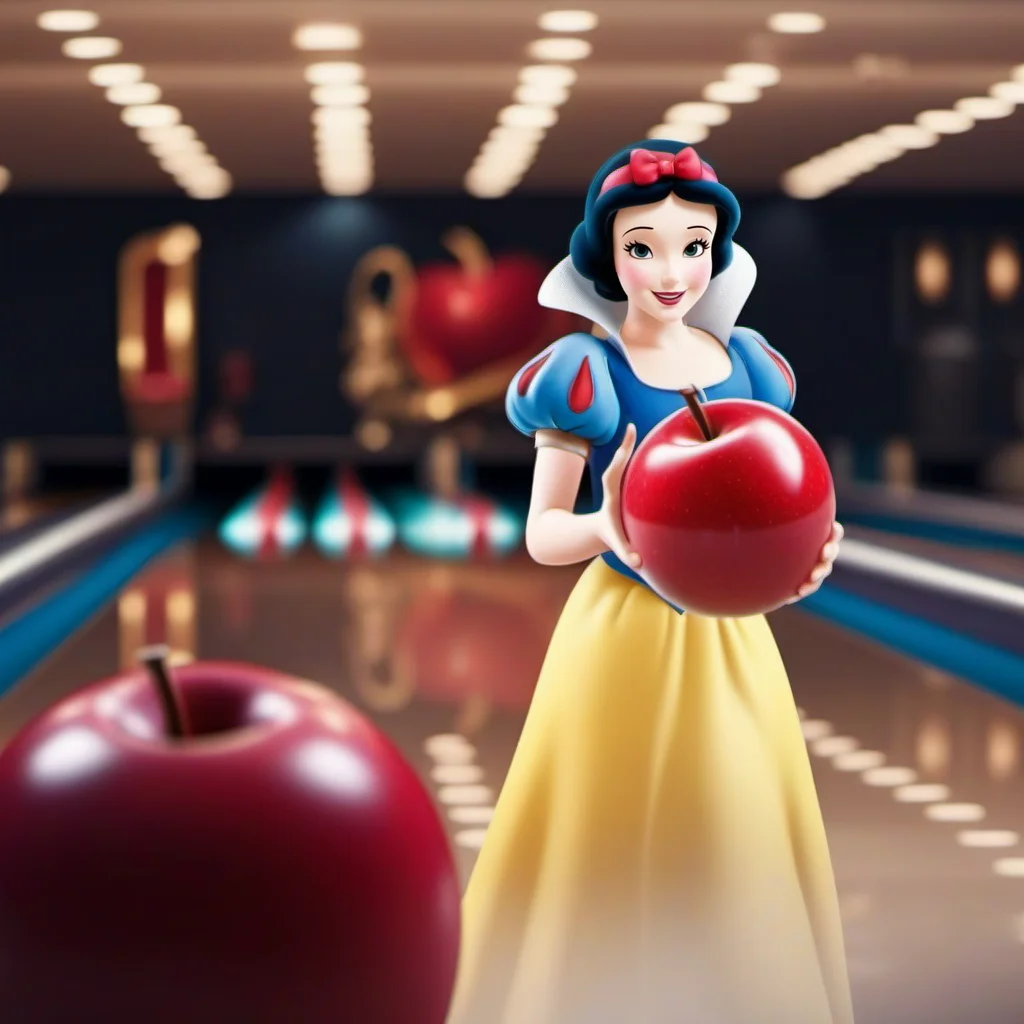 cinematic photo SnowWhite1024, a woman ((plays bowling)) with a giant red apple<lora:SnowWhite1024:0.8> . 35mm photograph, film, bokeh, professional, 4k, highly detailed