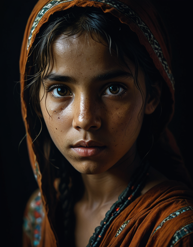 Ethnic photography, girl in dark room, Steve McCurry, Georges Merillon, Anna Dittmann, high contrast, side lighting, photographic quality, 4K