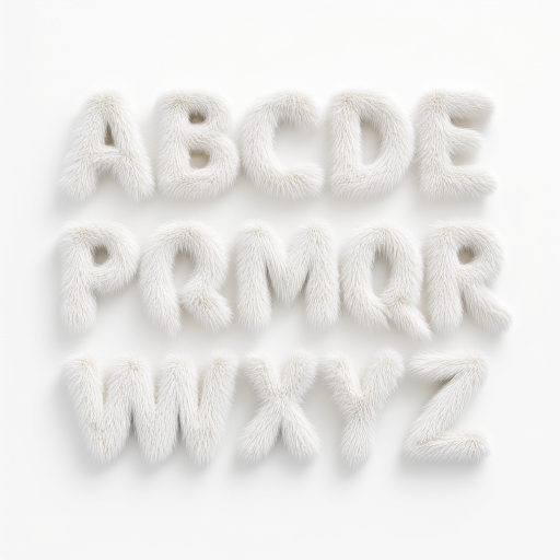 whimsical alphabet composed of fluffy, fluffy material that gives the impression of being made from a dense, fluffy texture that gives it a plush appearance, white fur texture. The letters are large and bold, faux fur. The letters are arranged in three rows across the image