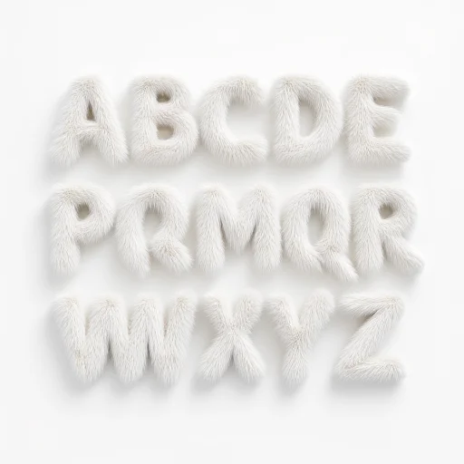 whimsical alphabet composed of fluffy, fluffy material that gives the impression of being made from a dense, fluffy texture that gives it a plush appearance, white fur texture. The letters are large and bold, faux fur. The letters are arranged in three rows across the image