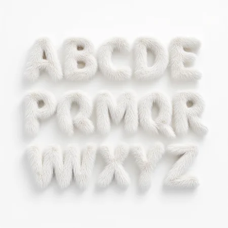 whimsical alphabet composed of fluffy, fluffy material that gives the impression of being made from a dense, fluffy texture that gives it a plush appearance, white fur texture. The letters are large and bold, faux fur. The letters are arranged in three rows across the image