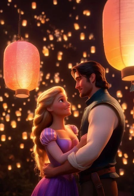 romance, 1man, 1girl, full body shot, realistic, stunningly realistic, trending on artstation , FlynnRider, Rapunzel, 1man, 1girl, original style, high angle, lanterns, magical ambiance, surrounded by lights, (masterpiece), best quality, highres, 4k, 8k, intricate detail, cinematic lighting, amazing quality, amazing shading, soft lighting, 35mm, analog style, a realistic photo, film grain, (photorealistic:0.6), taken by a canon eos r5, ultra detailed skin, ultra detailed face, chromatic aberration, colorful, bright colors,