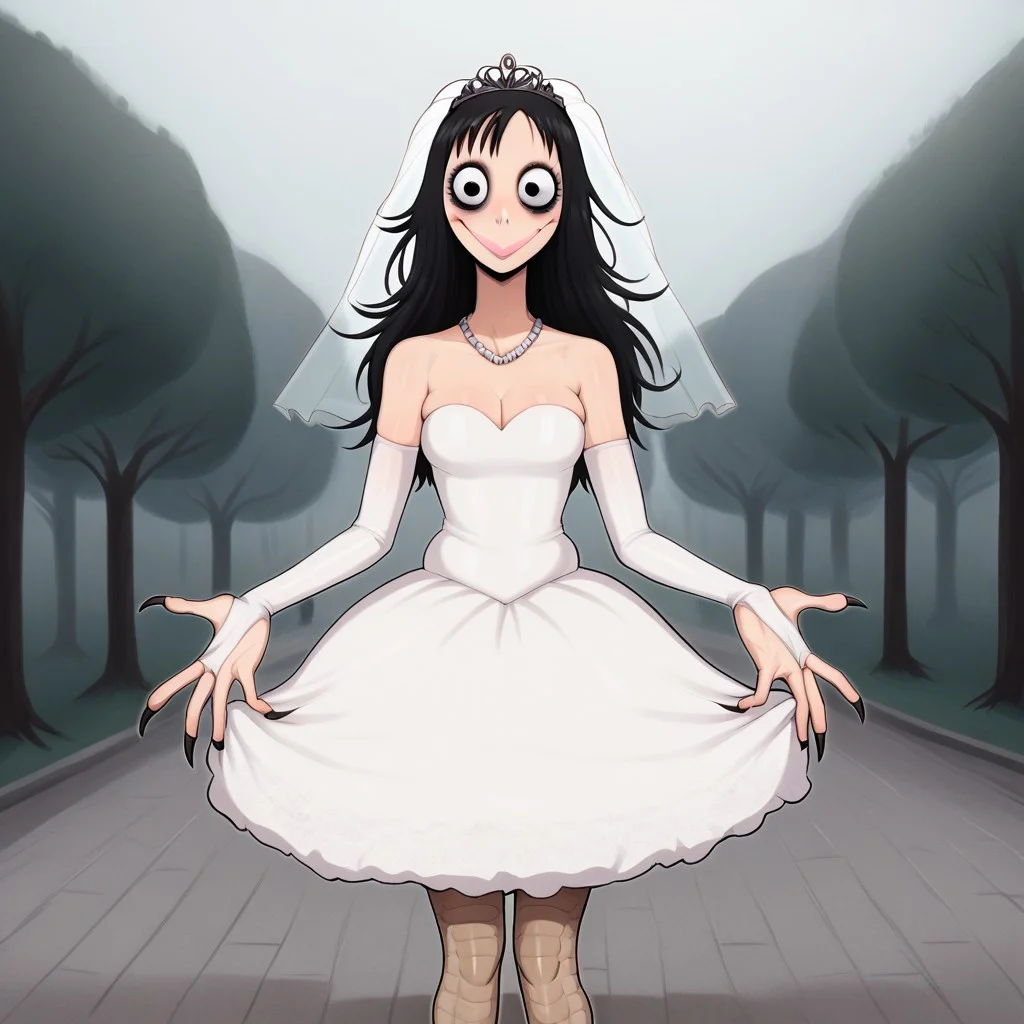 masterpiece, best quality, uncensored, source_anime BREAK score_9, score_8_up, score_7_up, score_6_up, score_5_up, score_4_up, 1girl, solo, momocreepypasta, monster girl, avian humanoid, long hair, black hair, black eyes, wide eyed, wide smile, scuted arms , scuted legs, scutes, claws, talons, Expressiveh, thin, CURVY GIRL, big lips, enormous lips, big eyelashes, enormous eyelashes, closed mouth, medium breasts, creepy, horror \(theme\), nightmare fuel, long eyelashes, full lips <lora:Expressive_H:0.6> <lora:add-detail-xl:0.5> <lora:MomoCreepypasta:0.8>,makeup, pink lips, lipstick, masterpiece,ultra detailed,wedding dress,1girl,solo, looking at viewer, blush,smile, jewelry hair ornament, necklace, collarbone, bare shoulders, bridal gauntlets, gloves, cleavage, elbow gloves, thighs, outdoors, standing, bridal veil, wedding dress, veil, white dress, bride, lace, body covered with dress,Three-quarter sleeve wedding dress,Sequined wedding dress,Princess ball gown with floral appliqus,floor length dress covering her legs