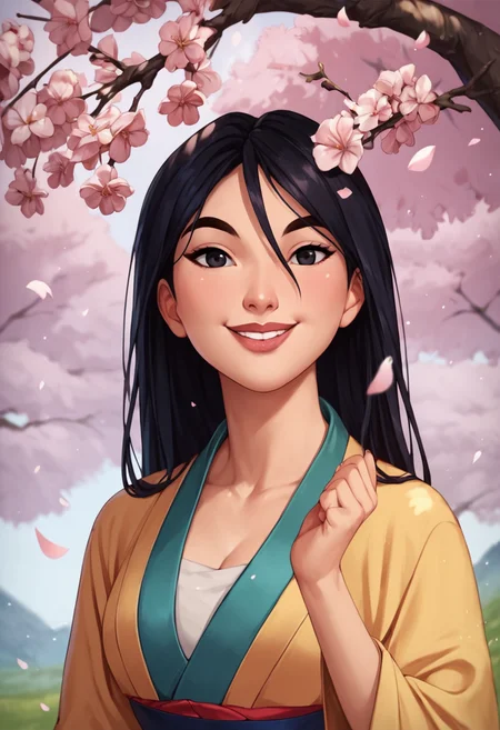 PonyXLV6_Scores,source_anime,masterpiece,best quality, highly detailed, perfect anatomy,amazing quality,
BREAK
<lora:mulan:0.8>mulan, 1girl, solo, black hair, long hair, black eyes, looking at viewer, outdoors, smile, lips, upper body, japanese clothes, hand up, flower, kimono, day, cherry blossoms, hair between eyes