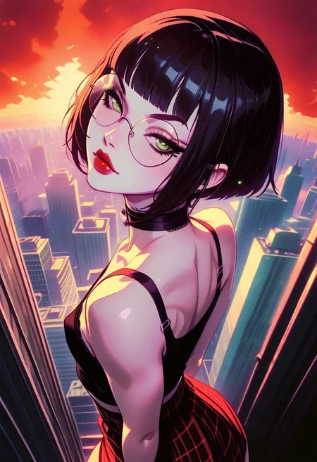 masterpiece, best quality, 32k, high resolution, absurdres, 1girl, Polly, PollyRH, short hair, bobcut, black hair, bangs, green eyes, small breasts, almost flat chest, slim, pale skin, big round eyeglasses, clear eyeglasses lenses, red lipgloss, HD32k, dynamic pose, aesthetic, perspective, solo, detailed eyes, sensual look, pinup pose, urban scenario, detailed background, black-red tint, sunset, sensual look, goth attire, punk attire, black tank top,nipple peek, (red) tartan skirt, spiky wristbands, chocker,, from behind shot, back view, back focus