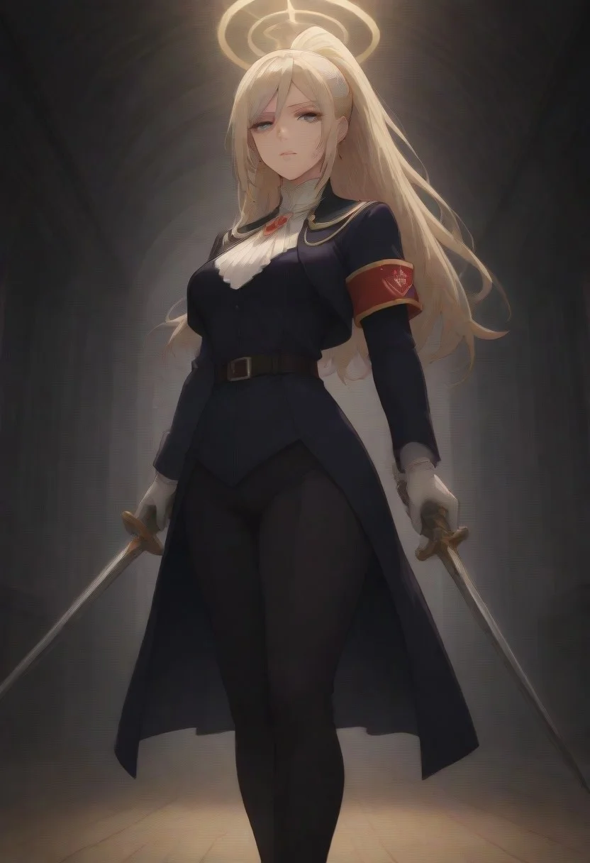 masterpiece ,best quality ,amazing quality ,very aesthetic,absurdres,newest,scenery,highres,usnr,hualidefengge,1girl,solo,looking at viewer, super low angle ,one weapon, Elentzia_TR, blonde hair, ponytail, gray eyes, military uniform, red necklace, red armband, floor length ,golden trimmed, earrings, jewelry ,one sword, gloves ,female ,holding ,holding weapon ,halo ,looking at viewer, habit, dark castle background. freebos_smoothiestyle