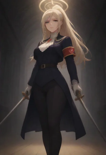 masterpiece ,best quality ,amazing quality ,very aesthetic,absurdres,newest,scenery,highres,usnr,hualidefengge,1girl,solo,looking at viewer, super low angle ,one weapon, Elentzia_TR, blonde hair, ponytail, gray eyes, military uniform, red necklace, red armband, floor length ,golden trimmed, earrings, jewelry ,one sword, gloves ,female ,holding ,holding weapon ,halo ,looking at viewer, habit, dark castle background. freebos_smoothiestyle