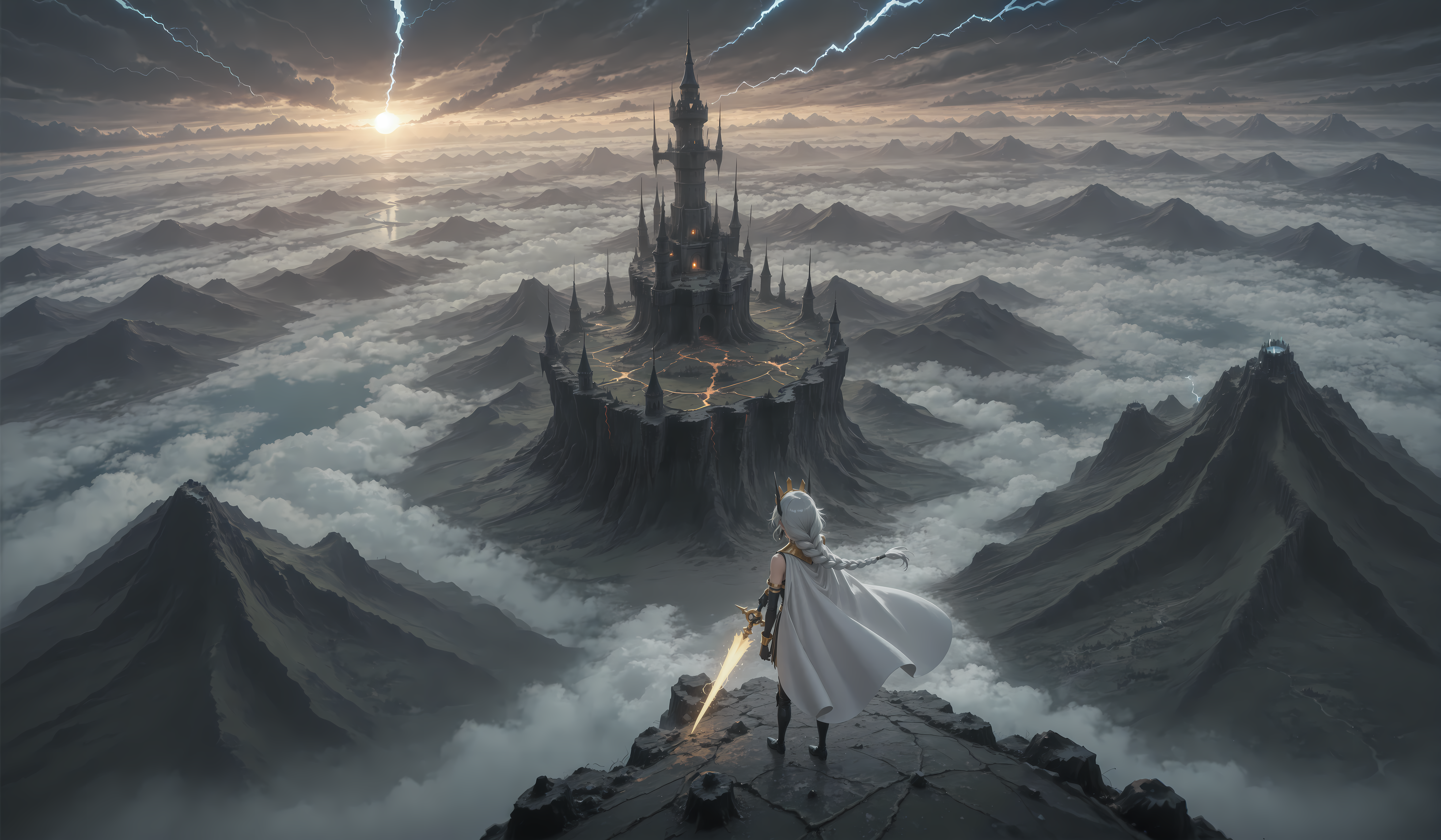<lora:To_be_hero_X_-_Queen:0.6> queen \(to be hero x\), black hanafuda earrings, planted spear, white cape, long braid, black gloves, crown, holding sphere, <lora:standing_on_the_edge:0.5> 5t4nd1ng_0n_3dg3, castle tower, from above, clouds, scenary, landscape, dynamic pose, mountains, thunder, glowing landscape,, <lora:0m1n0us_sw4mp:0.7> 0m1n0us sw4mp
