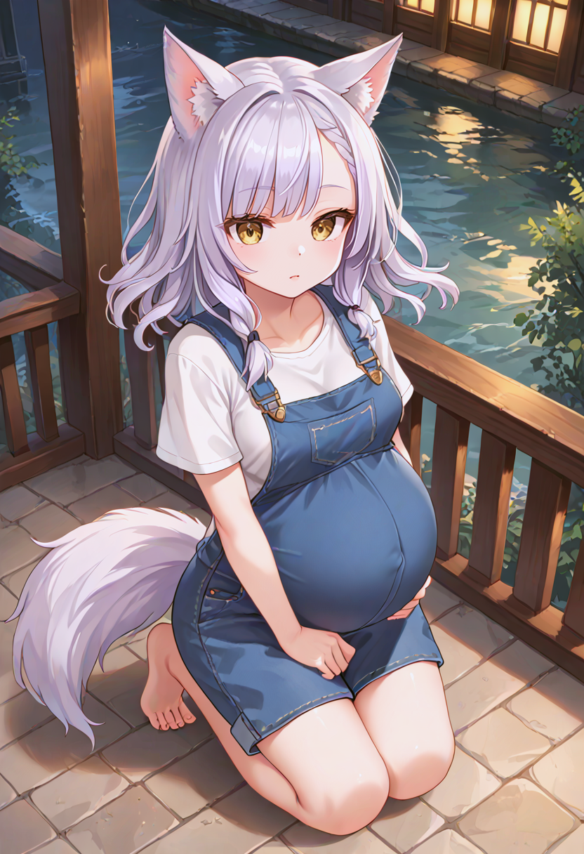 score_9, score_8_up, score_7_up, rating_safe, 1girl, solo, pregnant, wolf girl, wolf ears, wolf tail , medium hair, multiple braids, asymmetrical bangs, wavy hair, yellow eyes , ;o, medium breasts, purple work overalls , slouching, establishing shot, from above , bridge, night, dark, wind <lora:Pony_PregnantV1.4.safetensors:0.5:0.5> <lora:StS_age_slider_v1_initial_release.safetensors:-1.5:-1.5> <lora:StS_detail_slider_v1.safetensors:3:3> <lora:sd_xl_dpo_lora_v1.safetensors:1.0:1.0> <lora:TCD.safetensors:1.0:1.0>