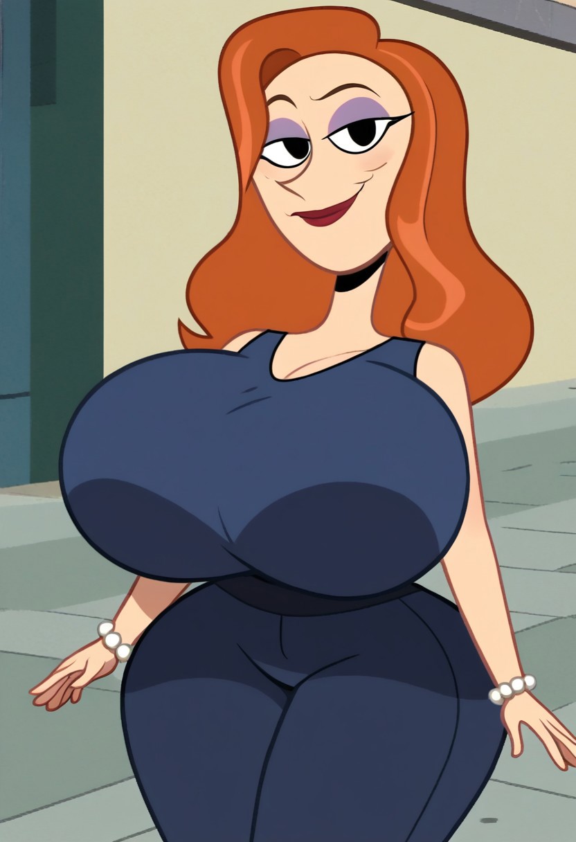 solo,Dorothea Davenport from TGAMM,brown dot eyes,cheekbone,orange hair,long hair,blue shirt,blue pants,purple eyeshadow,red lipstick,hyper breasts,round breasts,fake breasts,breasts implants,small waist,huge hips,looking at viewer,smile,closed mouth,pearl bracelet