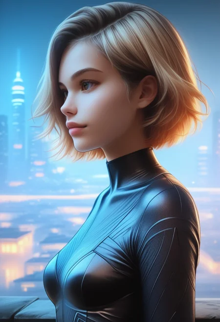 score_9, score_8_up, score_7_up, score_6_up, half body shot, 30yo women, solo, medium breasts, short hair, blond hightlight, attractive, night , (leotard:1.4), (european:0.6), (brazilian:0.6), d3t41l3d, (neodark:1.2), looking at city, (from side:1.2), on rooftop, (C7b3rp0nkStyle:0.8), (Masterpiece:1.3) (best quality:1.2) (high quality:1.1), detailed face,