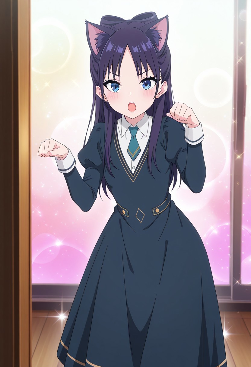 (absurdres, best quality, masterpiece:1.4), amazing quality, highres, newest, detailed, detailed body, detailed face, source anime, anime coloring, beautiful, petite, sparkles, kemonomimi mode,
BREAK
WWNemu, 1girl, solo, meowing, nyan, NemuAniHu, dark purple hair, cat ears, parted bangs, half updo, blue eyes, v-neck dress, white inner collared shirt, Short necktie, juliet sleeves, long skirt, paw pose